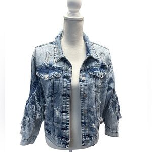 Thrill Women's Distressed Denim Jacket Blue Size L Casual Button-Up